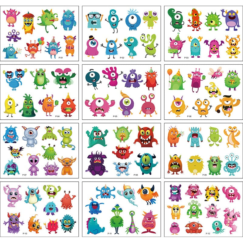 Fake Temporary Cartoon Tattoo Stickers For Kids 12 Pack | Cartoon Body Art Collection