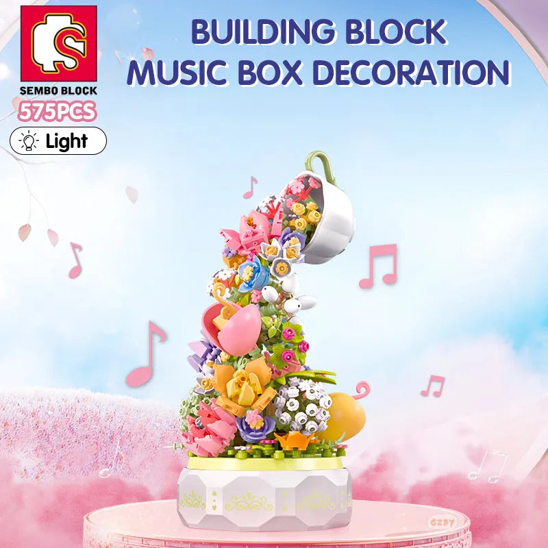 Flower Tea Pot Lighting Music Box - DIY Building Block 575pcs