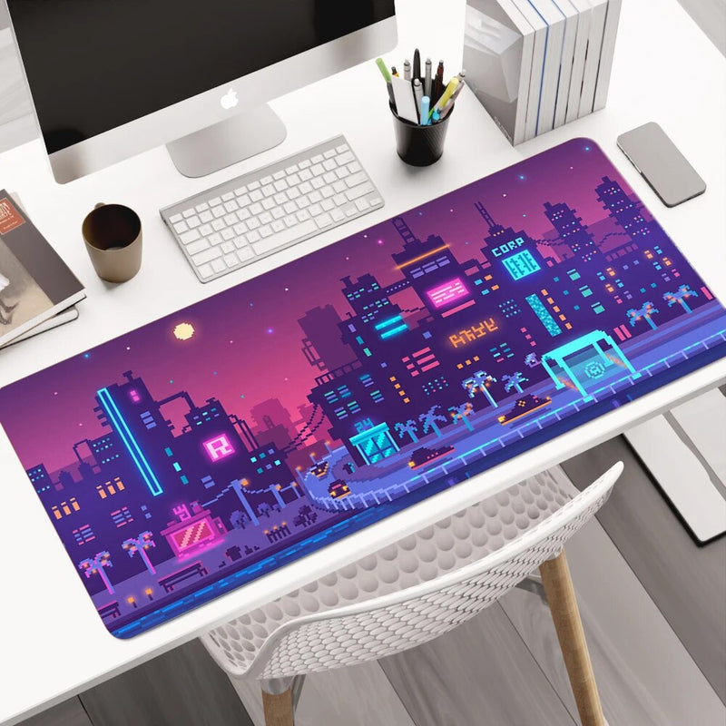 Neon Vaporwave Skyline Pixel Art Desk Mat Gaming Mouse Pad